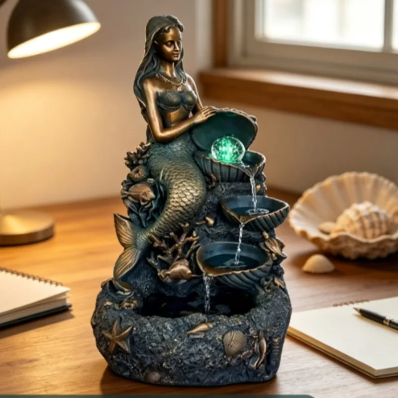 Resin Mermaid Tiered Shell Water Flow Ornament Rolling Crystal Sphere Indoor Outdoor Garden Seaside Style Craft Decor