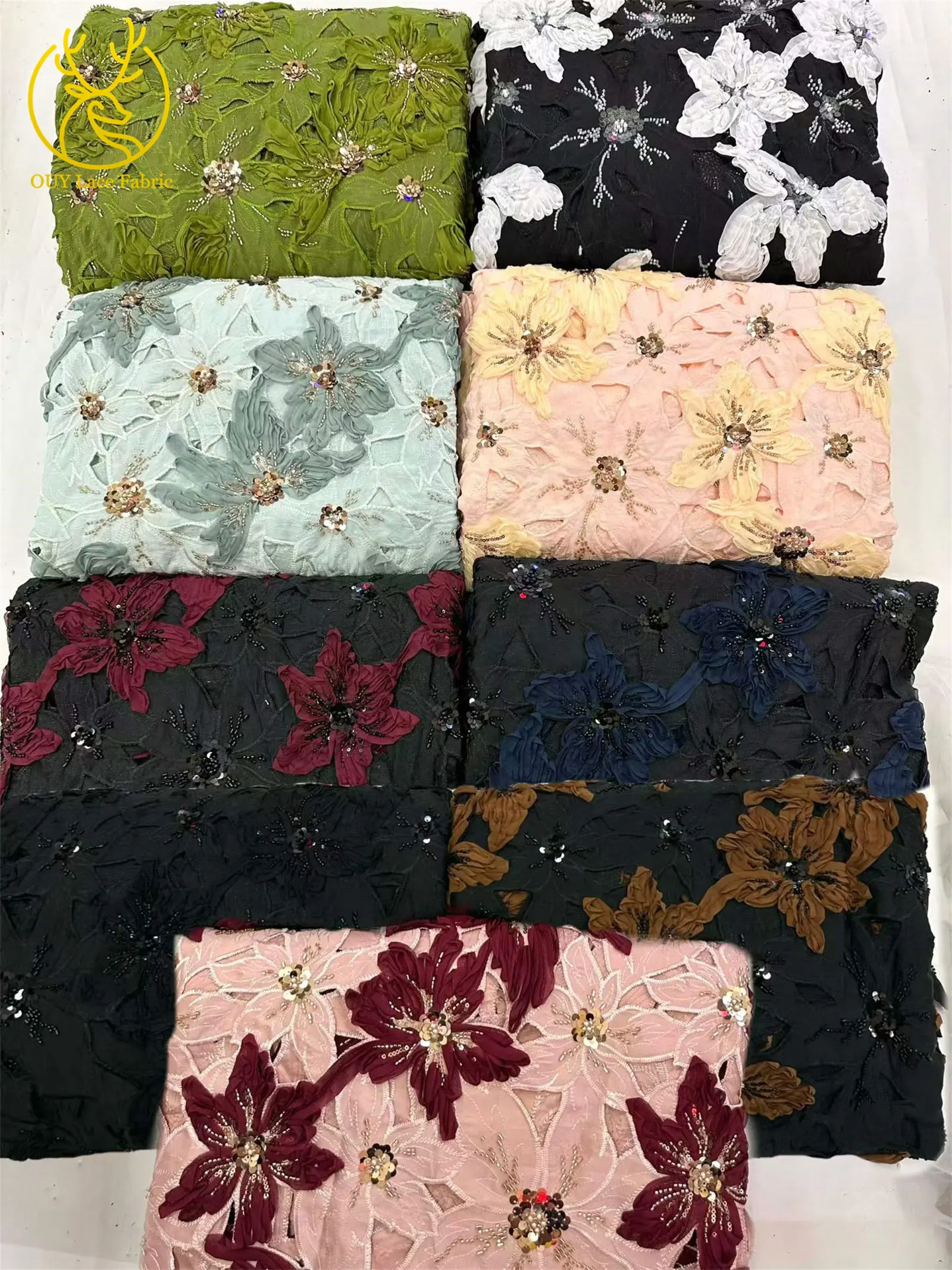Afrikanischer französischer Stickerei-Spitzenstoff mit Perlen und Pailletten, nigerianischer Tüll-Stickerei-Blumenstoff für Abendkleider, Nähen und Dekoration – Detail 3