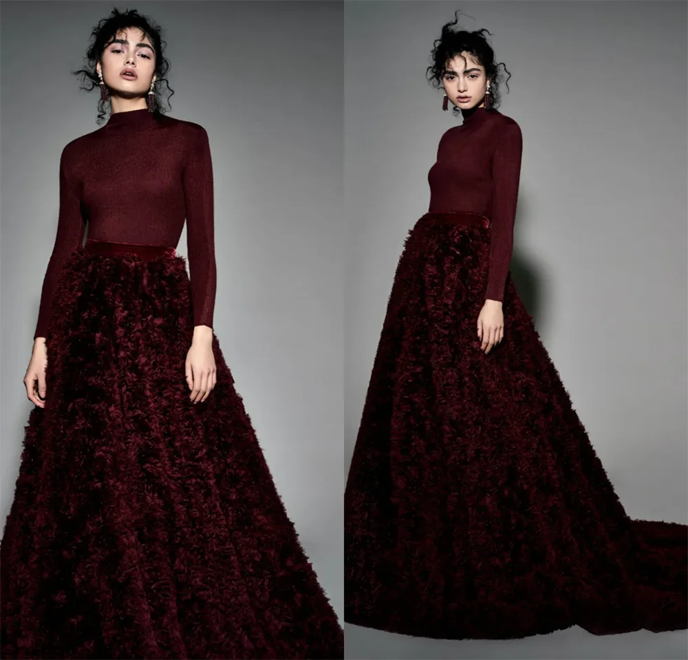 

Customized Burgundy High Neck A Line Long Sleeve Ruffles Sweep Train Prom Dresses Appliques Formal Evening Dress 2025