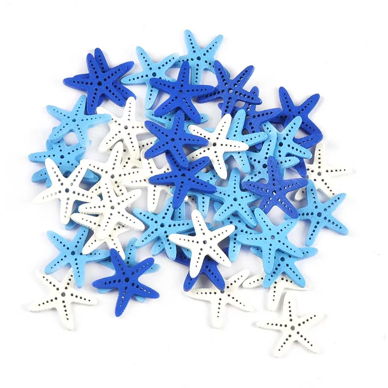50pcs 30mm Mixed White/blue Starfish Wood Pieces For DIY Crafts Scrapbooking Home Handmade Decor Wooden Hanging Ornaments C4085