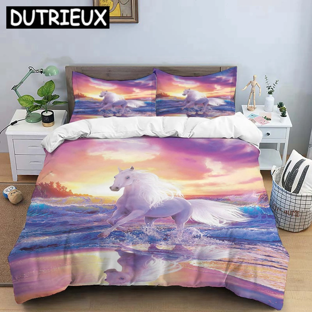 

HD Print Horses Bedding Set - Double/Children's/King Size for Teens with Duvet Covers, Pillowcases & Comforter