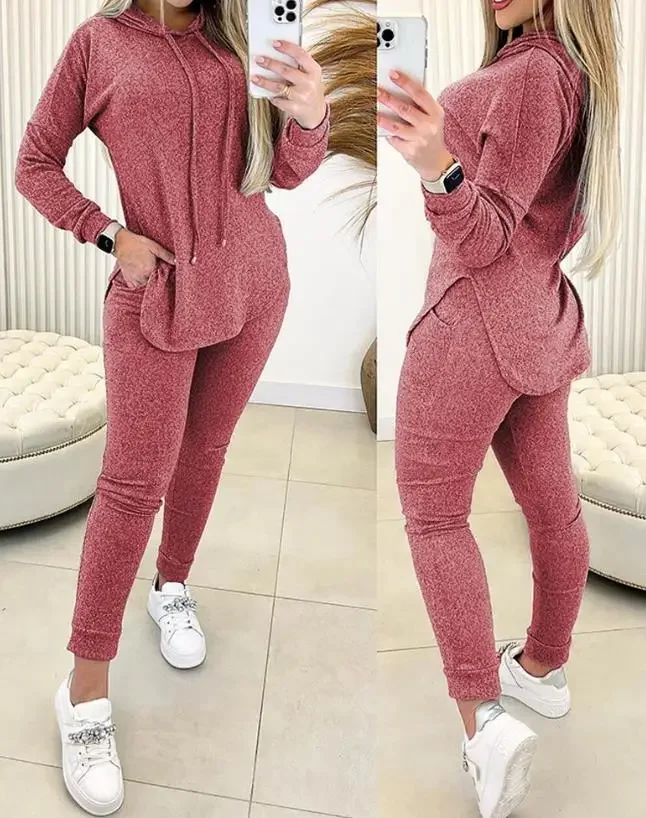 Womens 2 Piece Set Outfit 2024 Spring Fashion Hem Slit Long Sleeve Hooded Sweatshirt & Casual Pocket Design High Waist Pants Set