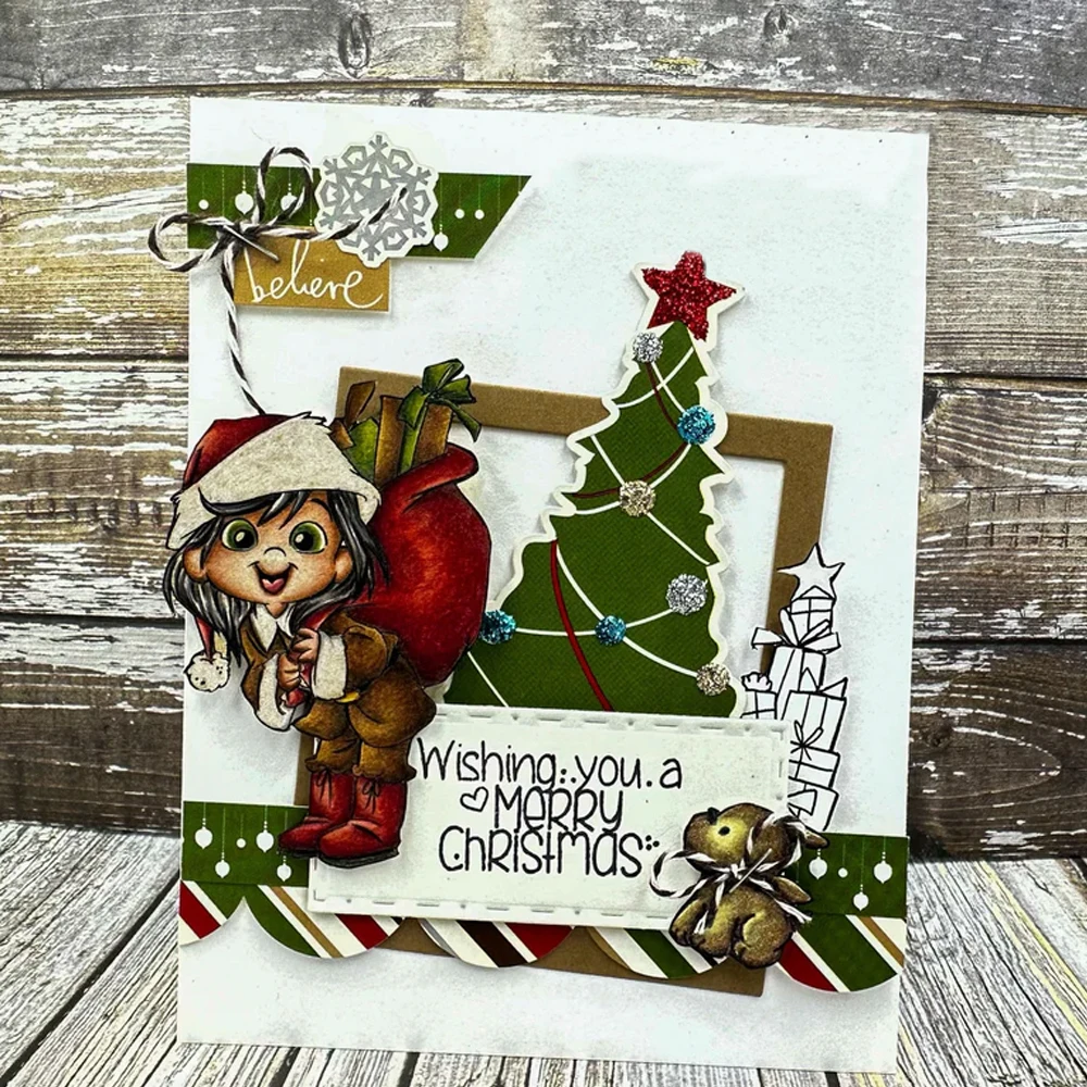 金属製のカッティングダイとクリアスタンプ、エルフのサンタクロース、暖かい言葉、DIYスクラップブッキング、クリスマスペーパーカード、テンプレート作成