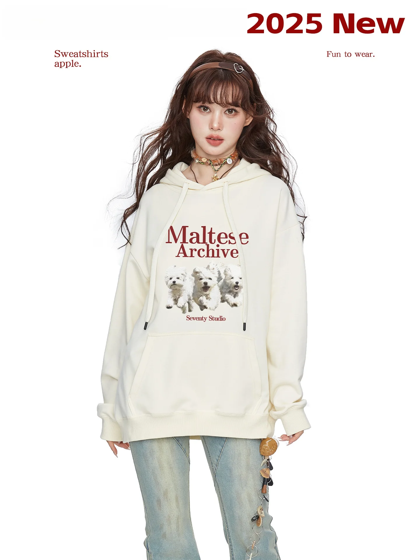 เสื้อฮู้ดพิมพ์ลายสุนัขสุดฮิตสำหรับผู้หญิง ทรงหลวม ผ้าคอตตอนผสมโพลีเอสเตอร์ แขนยาว คอกลม เสื้อสเวตเตอร์ ฤดูใบไม้ร่วง ฤดูหนาว รุ่นใหม่