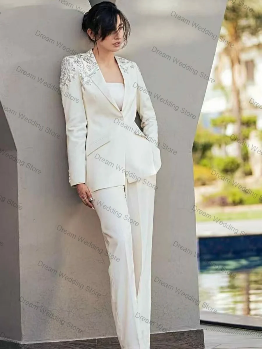 

White Cotton Women Suit Set 2 Pcs Blazer Pants Trousers Crystals Luxury Formal Office Lady Jacket Customized Guest Wedding Coat