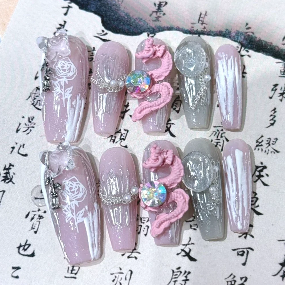 10Pcs Pink Cool Handmade Nail Long Coffin Press on Nails Sculpture Dragon Design Nail Tips Removable Y2K Artificial Nails China