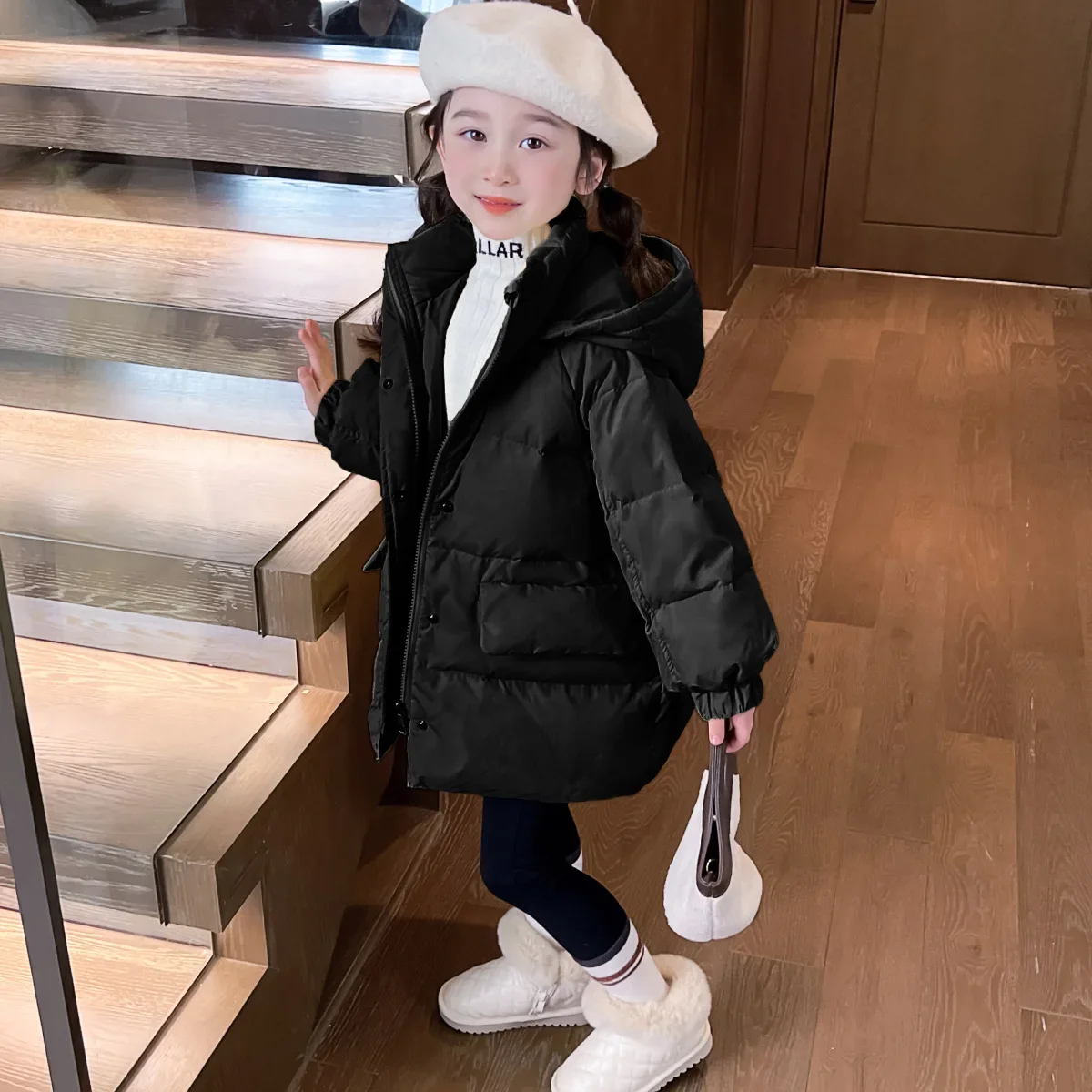 2024 Girls Winter Cotton Jacket Thickening Keep Warm Korean Baby Little Girl\'s Down and Cotton Jacket Solid Color Bread Parkas