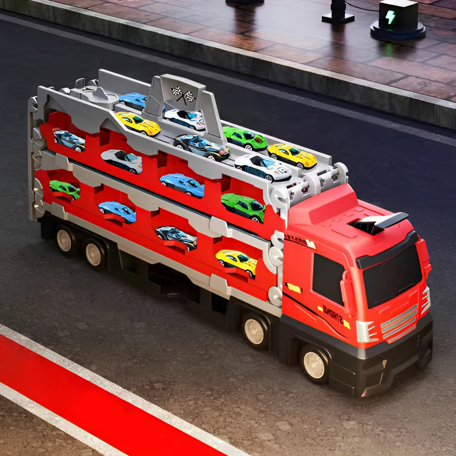 

Transport Truck Toy with 24 Race Cars Carrier Vehicles Track Toys Folding Ejection Race Track for 3-8+ Years Old Boys & Girls