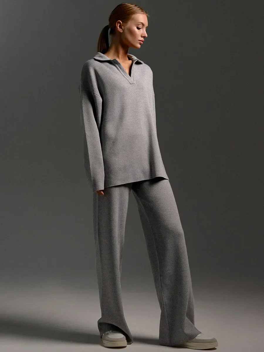 

Blubelle Women's Winter Thick Cashmere Knitted 2-Piece Set - Soft Polo Neck Sweater & Wide Leg Pants Outfit