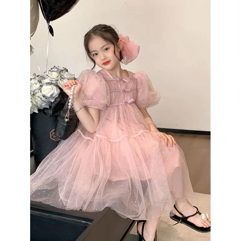 Girls Dress Summer New Children's Western Style Puff Sleeve Sequins Tulle Skirt Girls Umbrella Princess Dress