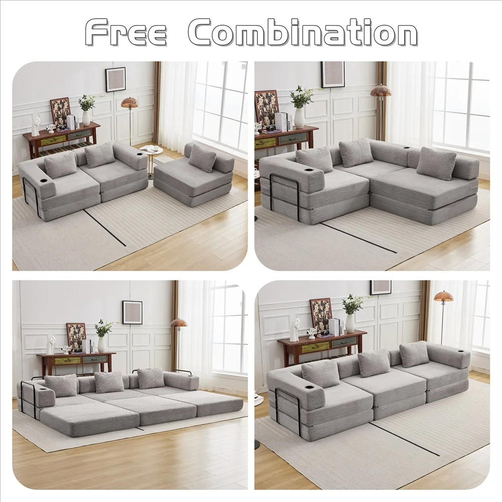Cord-Modulsofa Frei Kombinierbare Wandelbare Eckcouch mit Getränkehaltern Übergroße Chaiselongue für Wohnzimmer – Detail 4