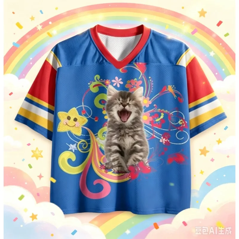 2026 Adults and Children Happy To The Point of Blur Quirky Yawning Cat 3D Printed Jersey Niche Quirky Color-block Street T-shirt