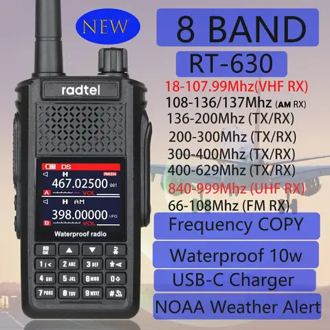 Radtel RT-630 Waterproof 8 Bands Amateur Radio, Aviation Air Band Walkie Talkie Ham/CB/SSB/AM/FM/UHF/VHF 800-900M 10W, IP67, USB