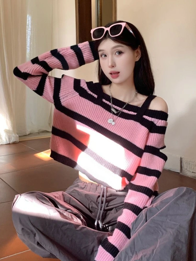 Panelled Sweaters Women Striped Loose Spliced Y2K Japanese Style Harajuku Cropped Aesthetic Youthful Vitality Popular Spice Girl