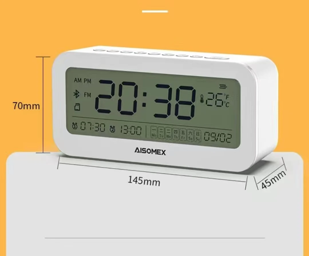 Multi-Functions Bluetooth Wireless Speaker+2 Alarm Clocks+Big Screen+Temperature.Aux Line-in TF Card Play, Night Light