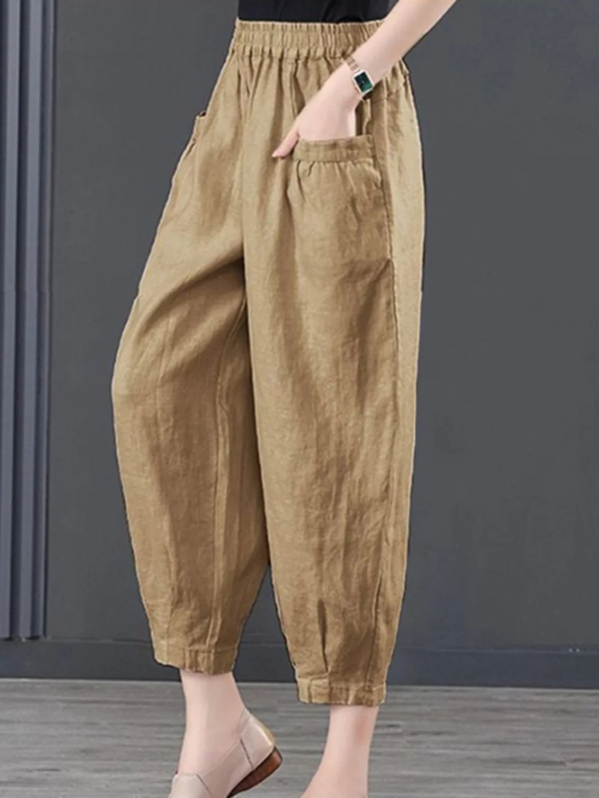 

Plus Size High Waist Cotton Linen Ladies Casual Pants Loose Lantern Sle Nine Points Trousers Comfortable Wide Leg Harem Pants