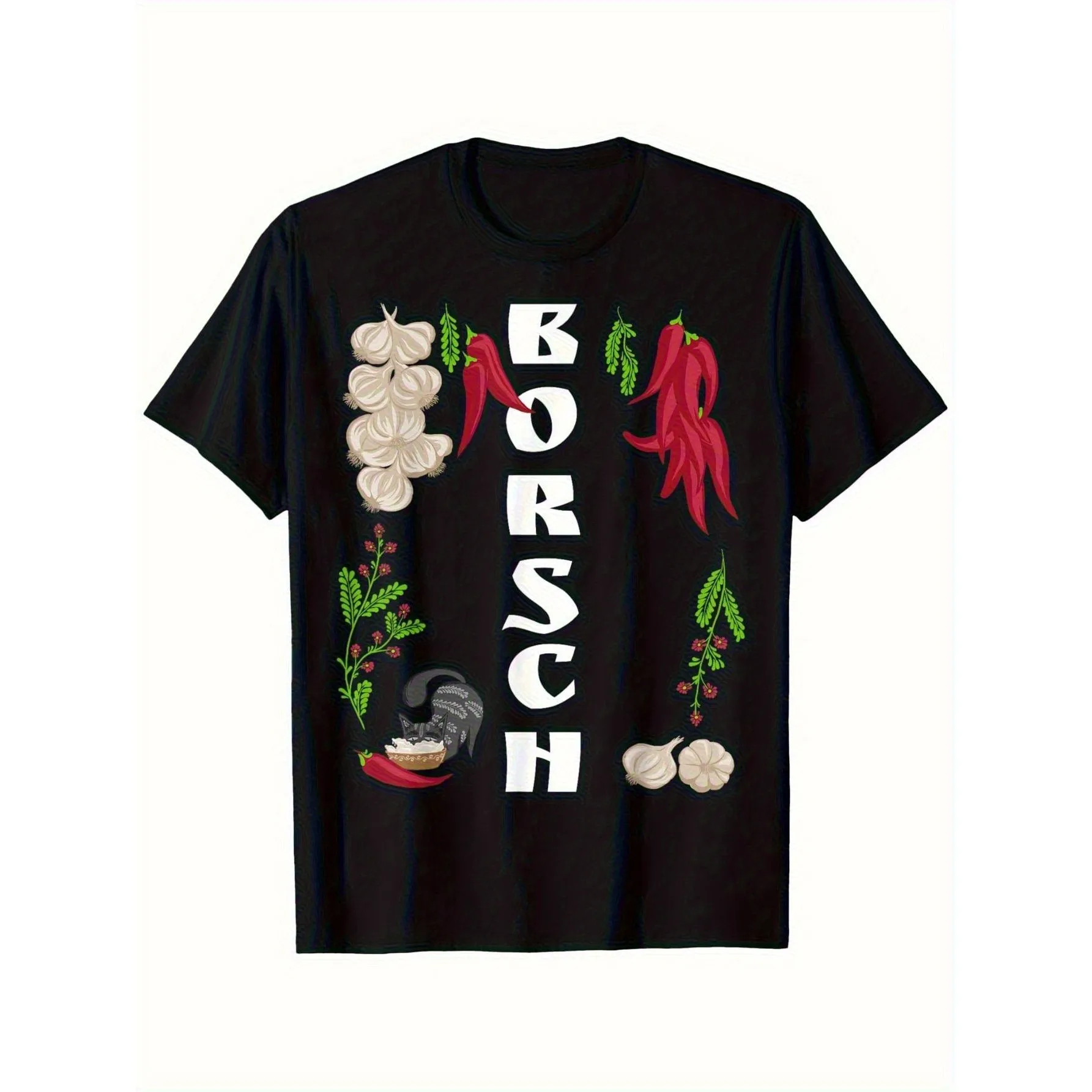 Borscht Food Lover Cat Graphic Tee Black Cotton Casual T-Shirt Unisex Daily Wear Gift