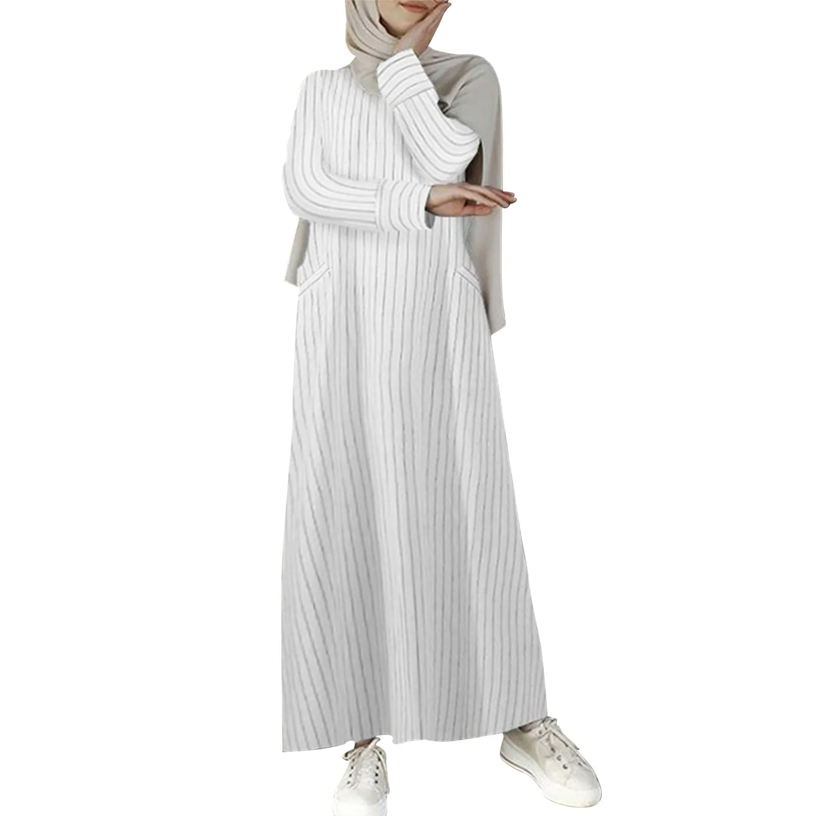 Vintage Casual Long Sleeve Abayas for Women Dubai 2024 Striped Cotton Linen Women's Dress Robe Femme Musulman