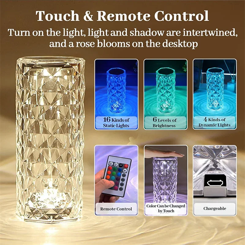 Rechargeable 16 Colors RGB Rose LED Night Light Color Changing Crystal Touch Table Lamp For Bedroom Nightstand Christmas Decor