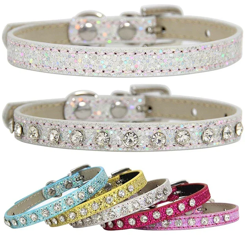 Super Shining Diamond Rhinestone Cat Collar Puppy Baby Dog Cat Collar Leather Strap Kitten Accessories Adjustable Cat Necklace