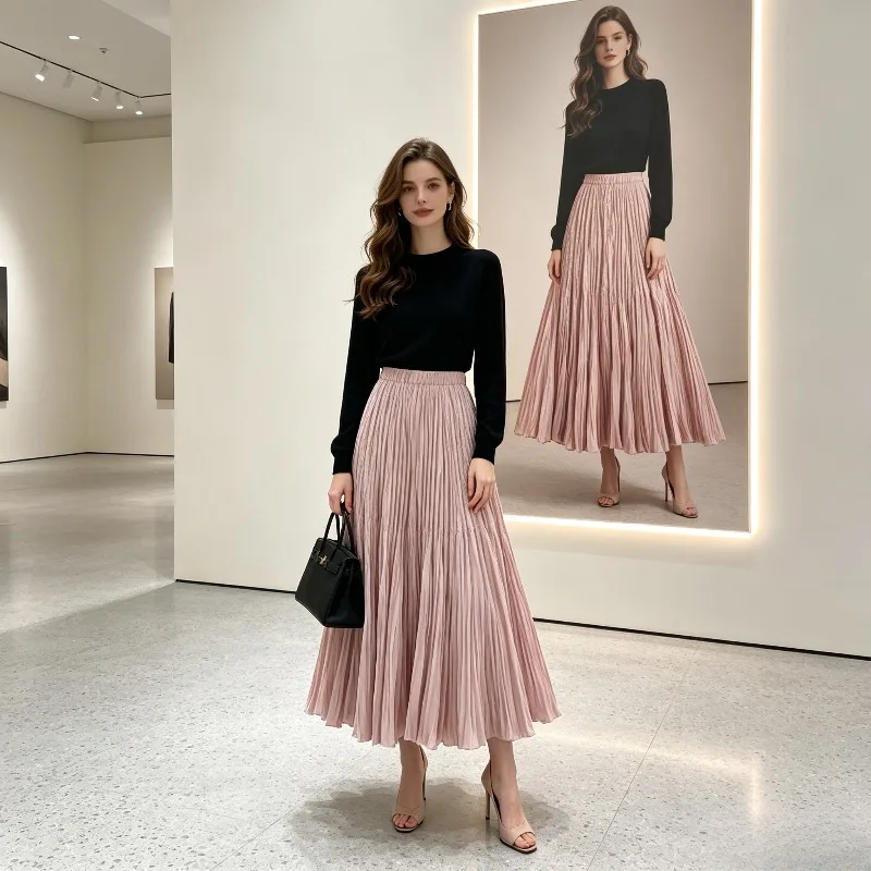Miyake Pleated 2026 Skirt Elegant Commuter Versatile Fashionable Casual Solid Color Elastic Waist A-line Skirt Women Summer New