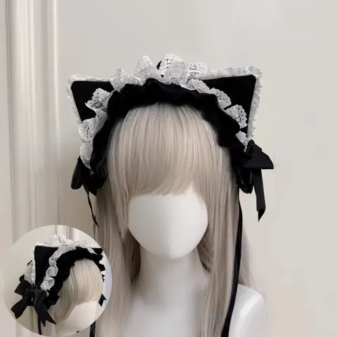 New Handmade Harajuku Lolita Lace Cat Servant Headband Y2K Girl Subculture Dark Cat Ear Headpiece KC Maid Cute Hair Accessory