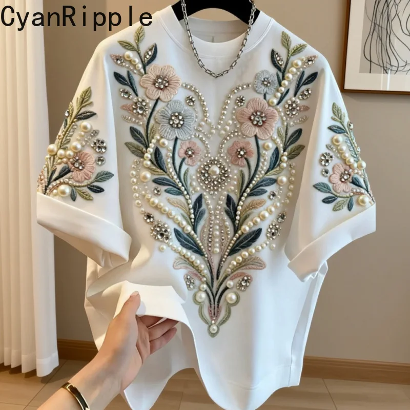 2026 New Summer Elegant Round Neck Pullover Top All-match Summer Women Loose Basic Tees Luxury Beading Flowers Casual T-shirt