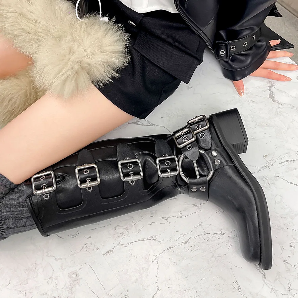 Punk Streetwear Motorcycle Boots Belt Metal Buckle Round Toe Thick Sole Mid Calf Shoes  2024 Fall Winter New Fashion Botas Mujer