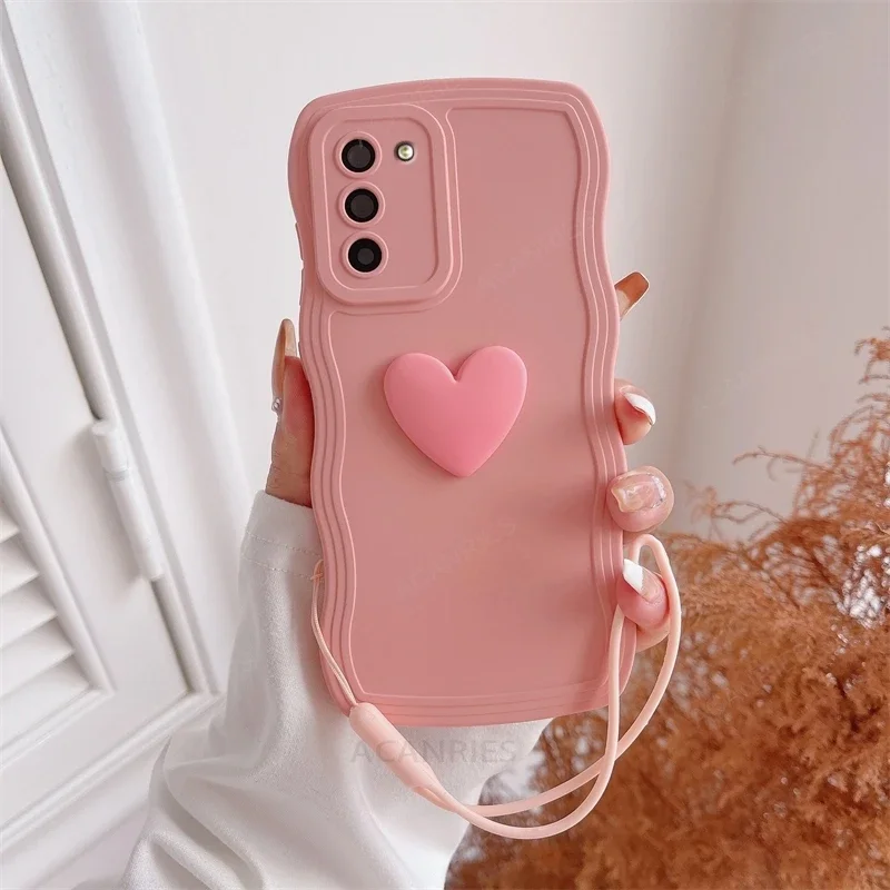 S 24 23 22 21 Love Heart Wavy Silicone Case For Samsung Galaxy S23 S21 S20 Fe S24 S22 Plus Ultra S10 S9 Lanyard Cover Note 20 10