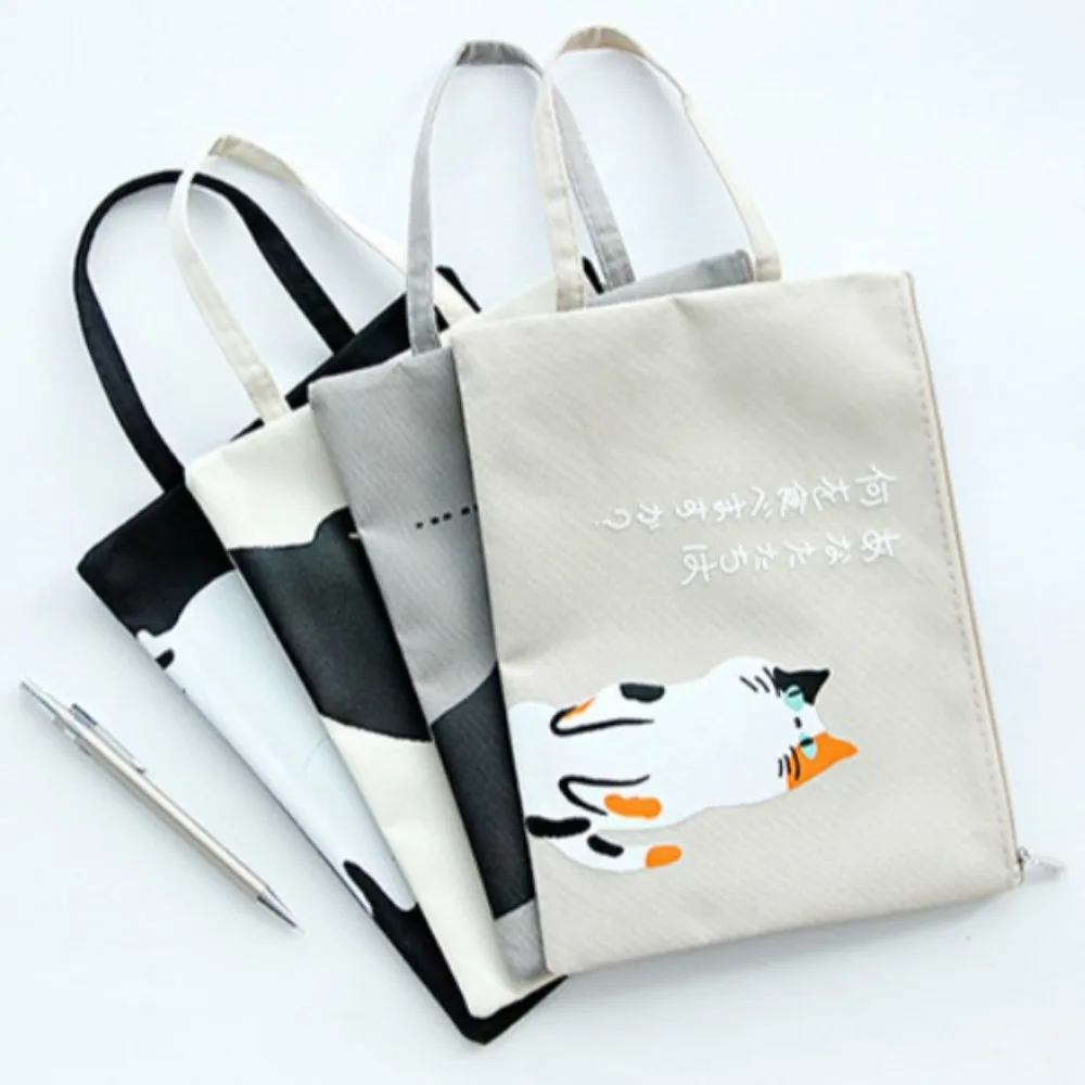 

Zipper Document Bag Portable Cat Picture A4 Handbag Canvas Cartoon Paper Storage Bag