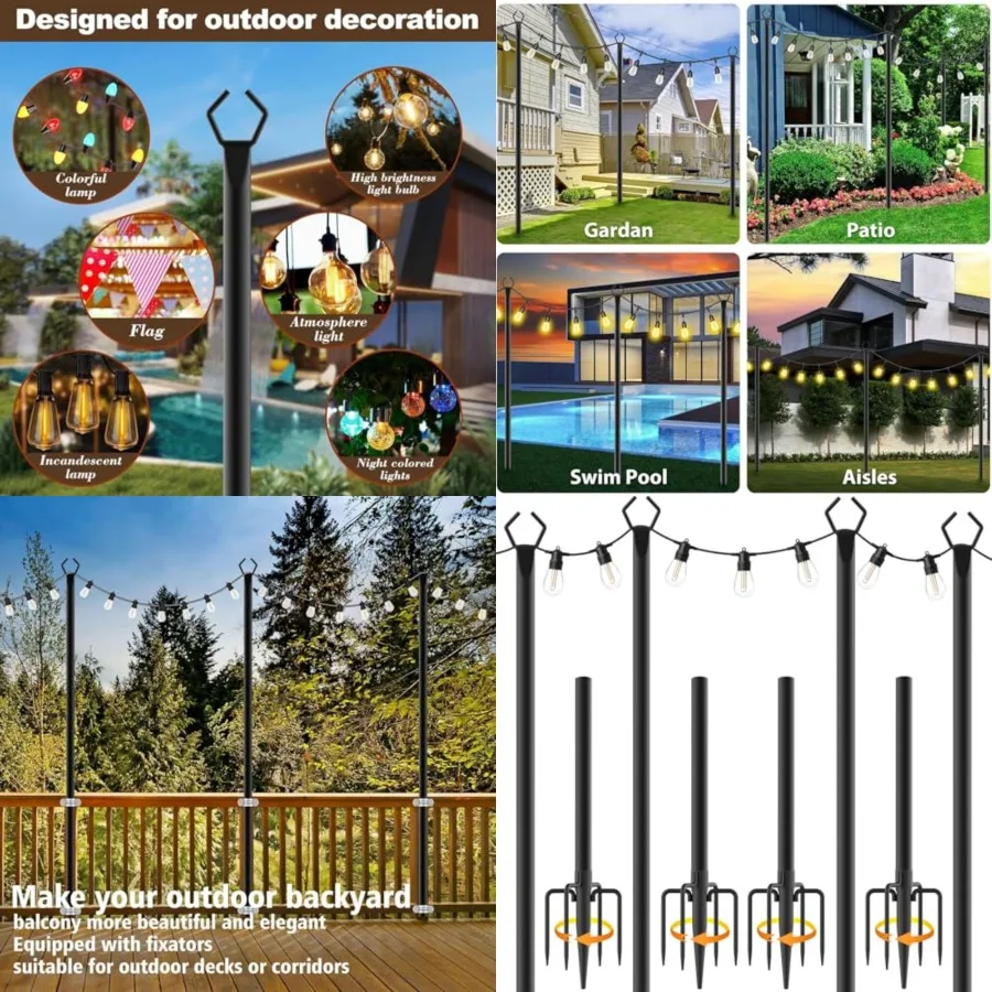 Feet 4, Light Poles for Outside Lights, Outdoor with Fence Brackets Hanging Lights, Metal Stand Deck Patio Backyard