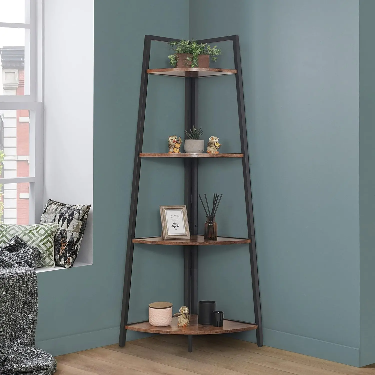 

4-Tier Display Shelves, Ladder Corner Wood Storage Plant Bookshelf with Metal Frame, Versatile Shelving