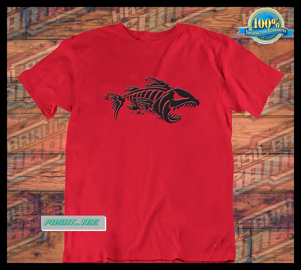 New fish bones fishing graphic american funny logo t shirt S - 5XL