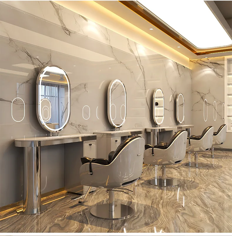 Double-sided mirror table Marble hair salon special hair cutting mirror Stainless steel perm and dyeing table with lamp