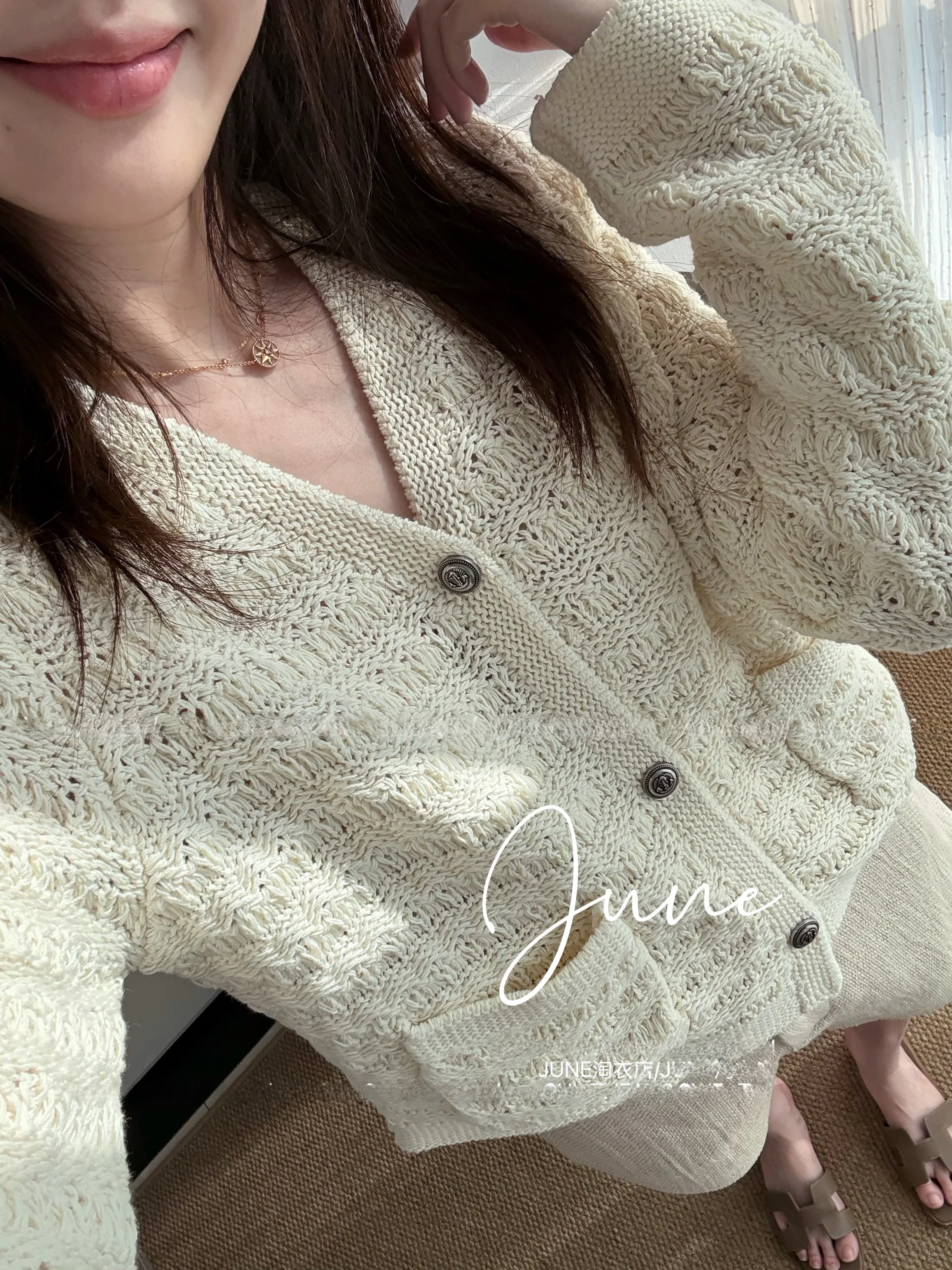 

Knitted V-Ne Long Sve Hollow out Coat Heavy Du Hook Flower Design Early Spring Women's Open Front Cardigan
