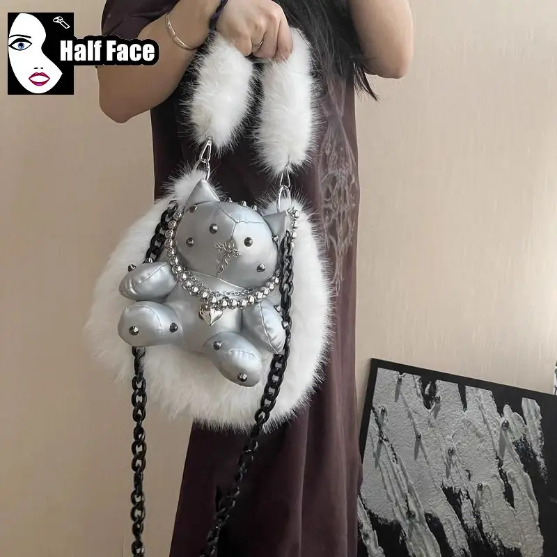 Y2K Girl Harajuku Women Gothic Punk One Shoulder Lolita Black Rivet   New Unique Trend Autumn Winter Fur Bag Crossbody Bags Tote