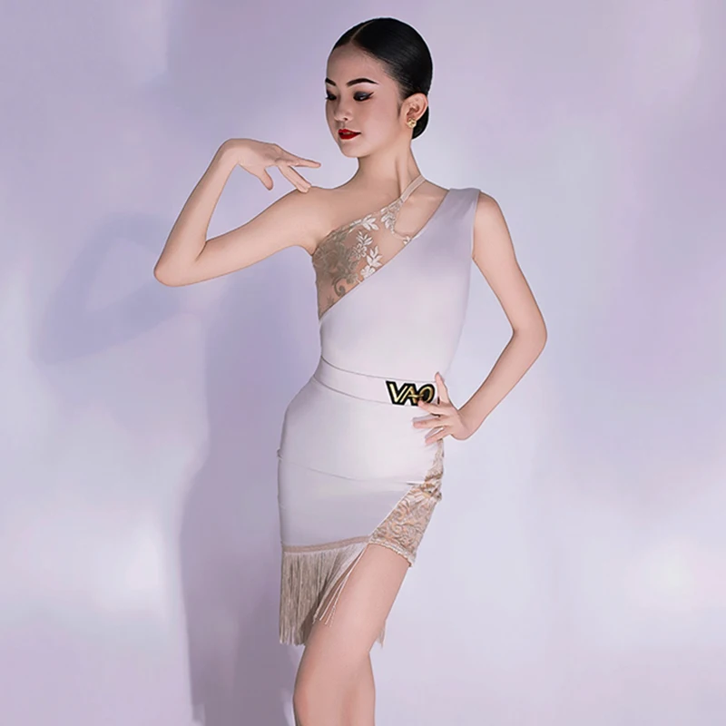 

2025 New Latin Dance Grils Dress White Elegant Latin Performance Dress Tassel Skirt Kid Rumba Salsa Rumba Stage Costume AMY1519