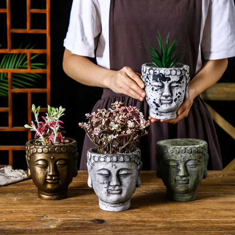 Creative Buddha's Head Cement Flowerpot Bronze Personality Classical Style Indoor and Outdoor Plant Planting Container Ornaments