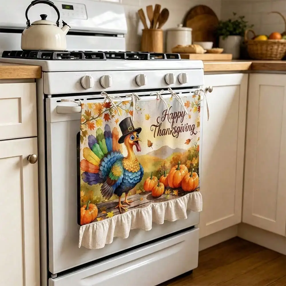 2D Thanksgiving Turkey Pumpkin Pattern Multi-Functional Decorative Curtain, Suitable for Kitchen Skirt, Oven Cover, Washing, Dishwasher, Bathroom Window Decoration, and Kitchen, Halloween Kitchen Apron