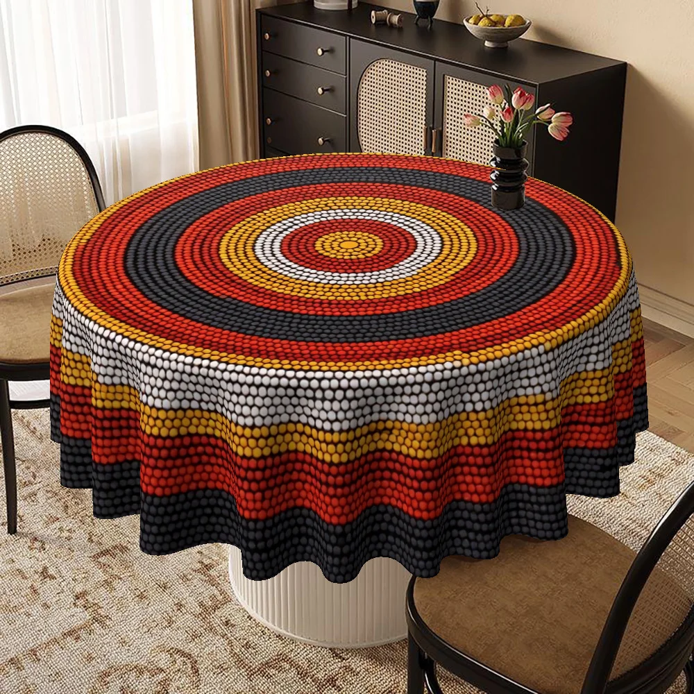 Indigenous-style tablecloth, decorated with black, red, yellow and white circular patterns