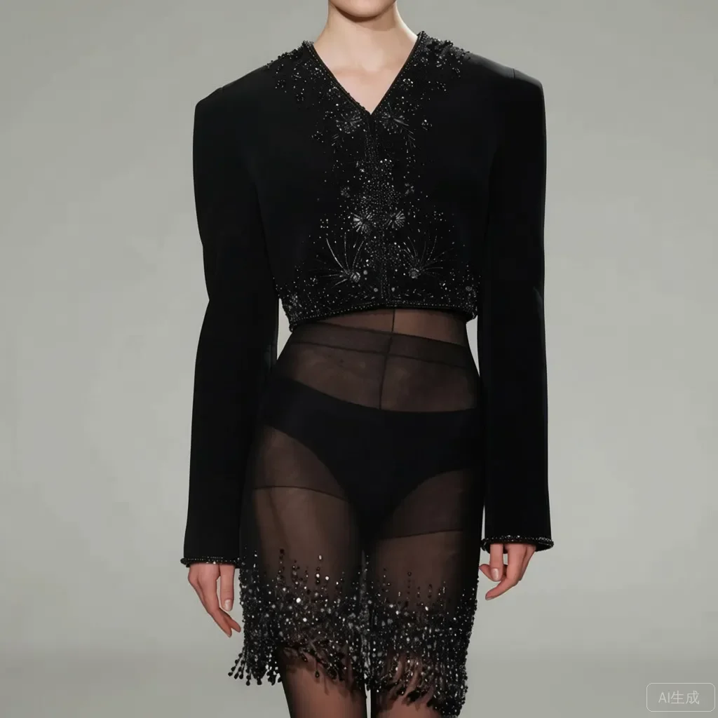 

[Similar to Georges Hobeika] Black Beaded Tulle Mini Skirt with Fringe Sequins Sheer High Waist Party Skirt for Women Sexy