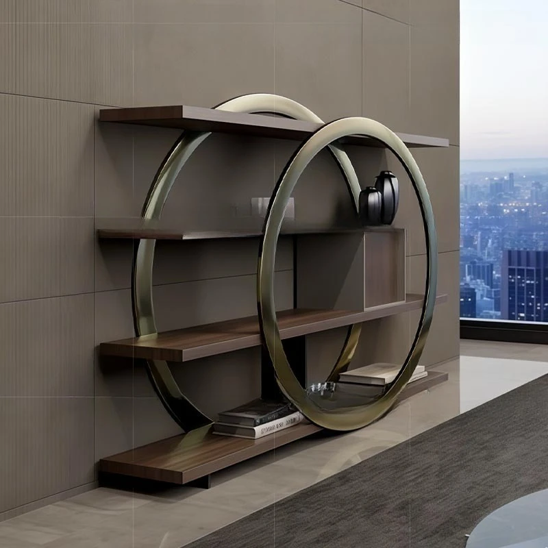

Light luxury stainless steel bookshelf floor to wall household shelf high-end creative solid wood multi-layer partition display