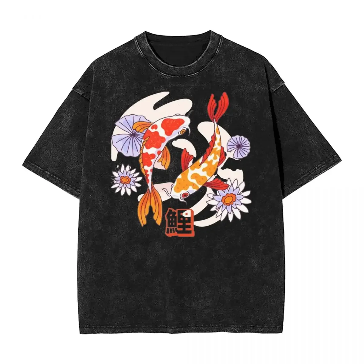 Japanese Koi Fish In Flower Pond T Shirt Hip Hop Washed 100% Cotton T-Shirt Vintage for Men Women Tops Streetwear Printed Tees