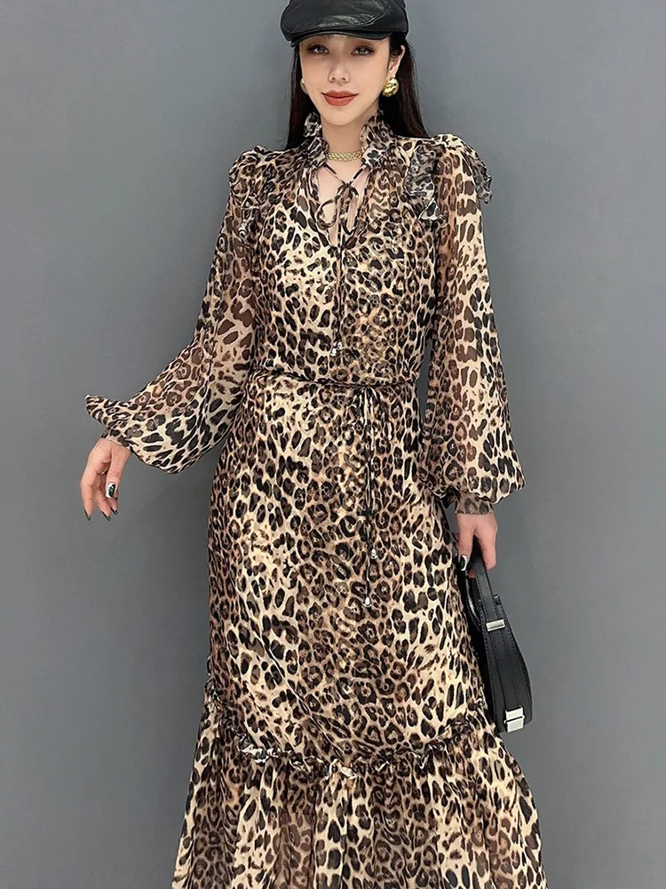 SHENGPALAE 2024 Spring Summer New Dress Chiffon Printed Leopard Pattern Spliced Long Sleeved Ruffle Edge Elegant Dresses 5R9651