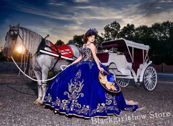 Royal Blue Princess Prom Dresses Quinceanera Dresses Glitter Sweetheart Neck Gold Applique Beaded Ruffle Mexican Charro 16 Dress