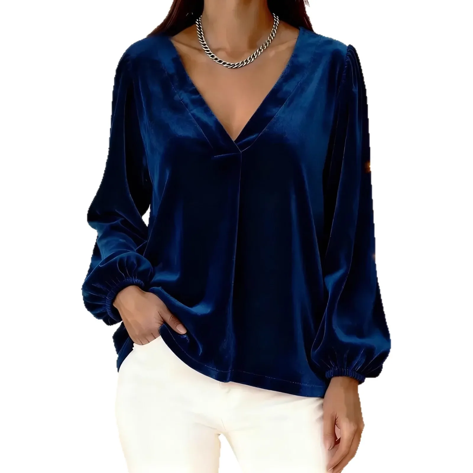 Immagine 3: Top a Vestibilità Ampia con Scollo a V, Lunghezza Regolare, Stile Chic da Ufficio con Maniche a Palloncino, Elegante Maglietta Invernale, Pullover da Donna a Maniche Lunghe