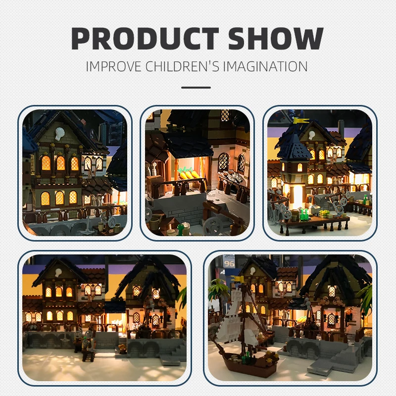 Arquitectura Medieval, muelle, puerto comercial, velero, transporte, barco, bloques de construcción, paisaje urbano, modelo, ladrillos, juguete Compatible con LEGO