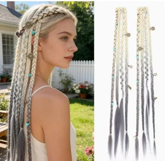 Bohemian style clip-on braided hair extensions, Bohemian messy braid with matching daily wear accessories