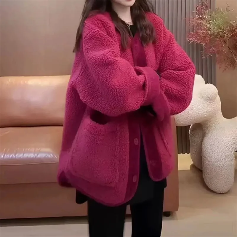 

2025 женская однотонная куртка Lazy Wind, осень-зима, женская модная плюшевая верхняя одежда из ягненка, корейское женское повседневное флисовое пальто