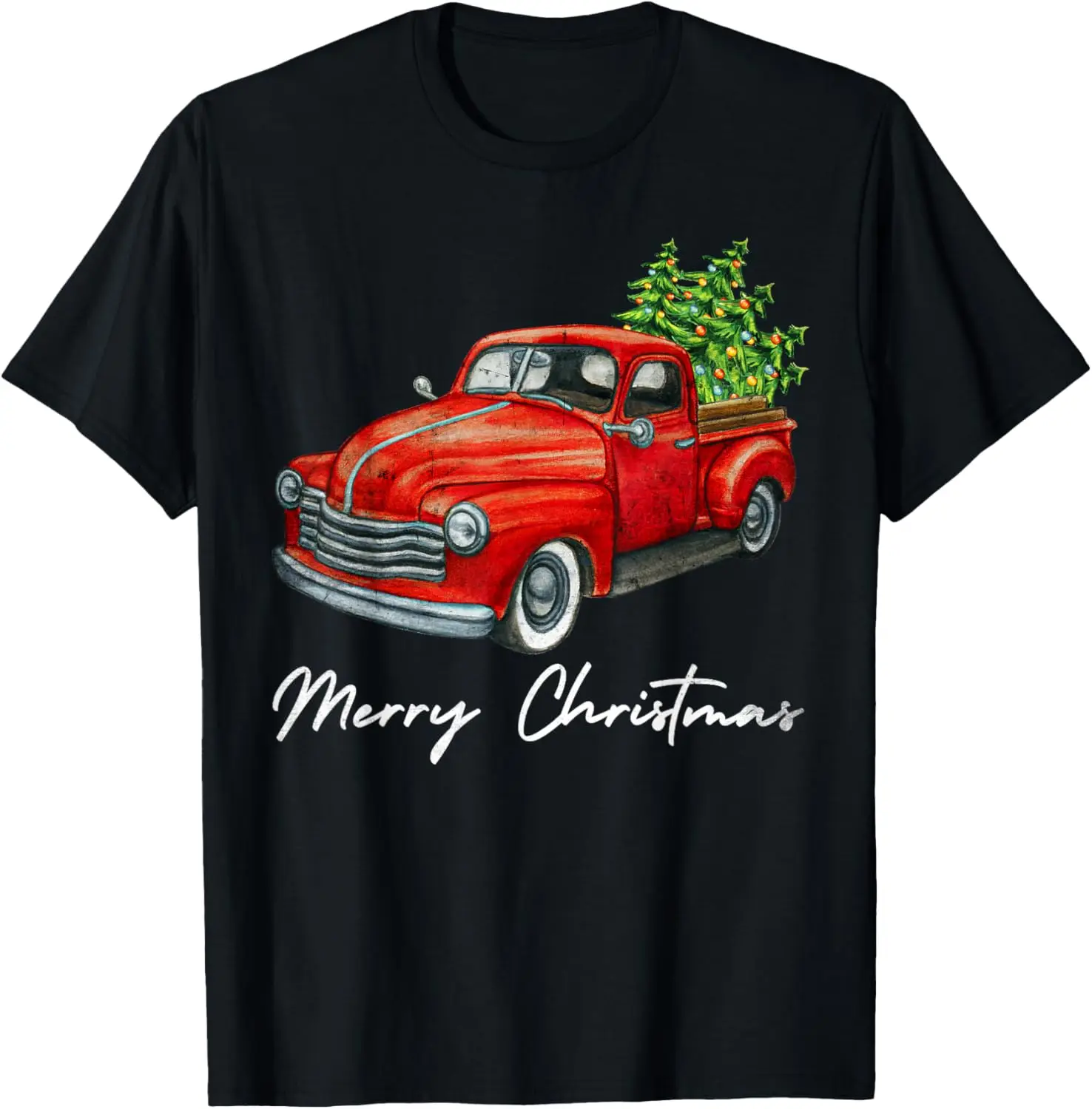 Vintage Wagon Christmas Tree on Red Truck Car Xmas Vacation T-Shirt